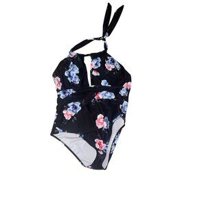 Black Floral Halter One Piece Swimsuit Mesh Accent Xxl